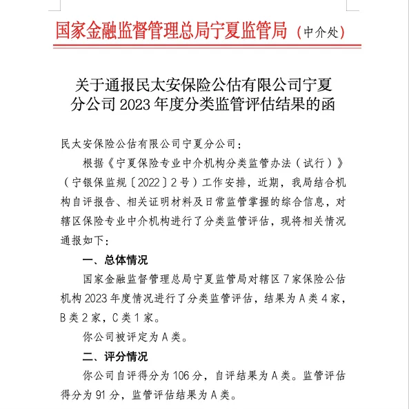 民太安宁夏分公司在2023年度分类监管评估中获评A类机构